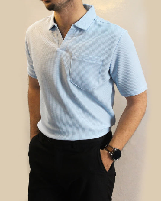 Sky Blue textured V-neck Polo