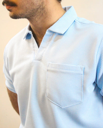 Sky Blue textured V-neck Polo