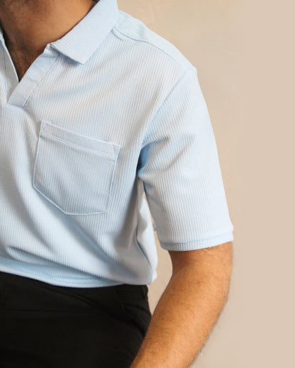 Sky Blue textured V-neck Polo