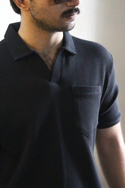 Black textured V-neck Polo