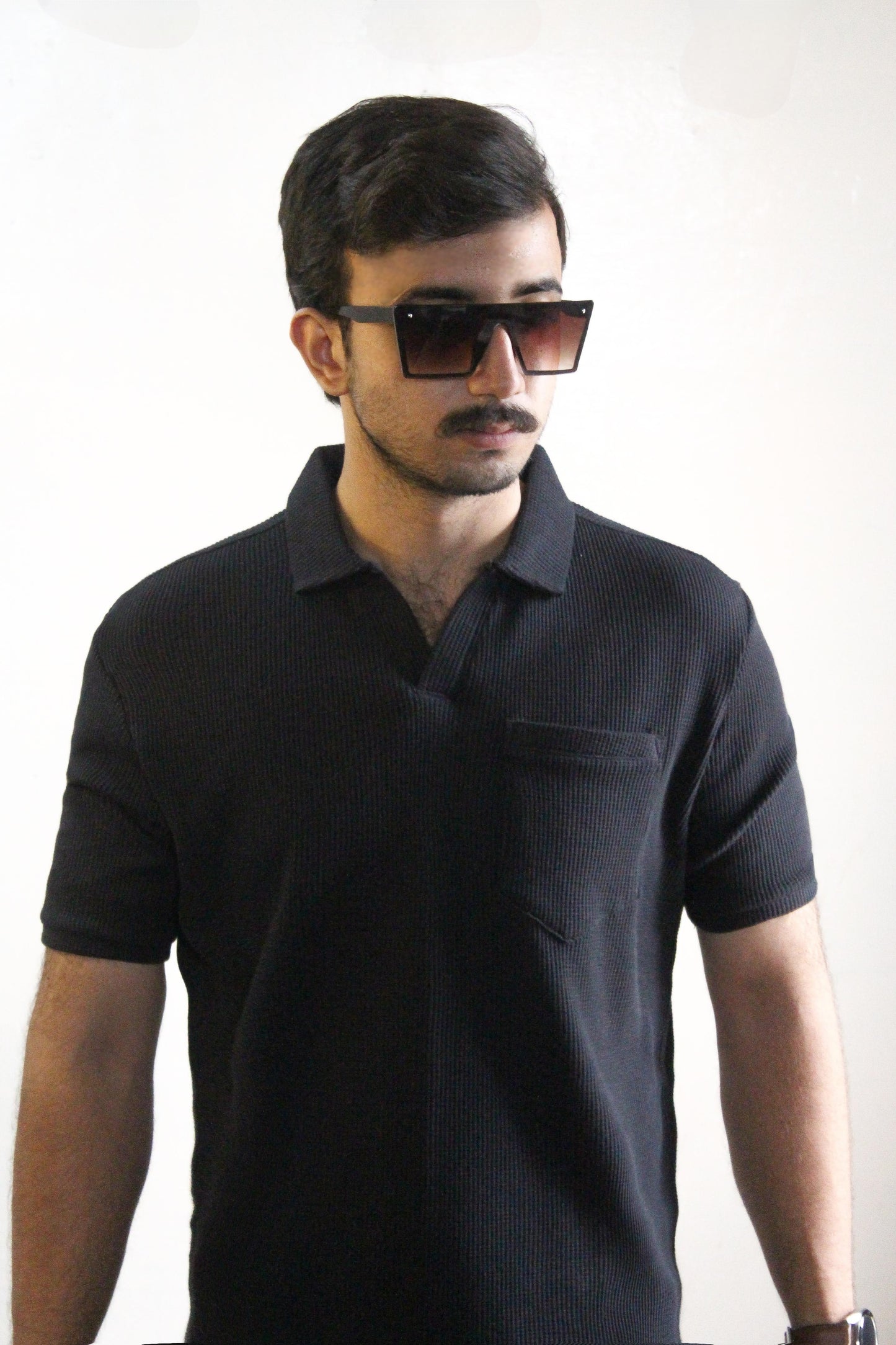 Black textured V-neck Polo