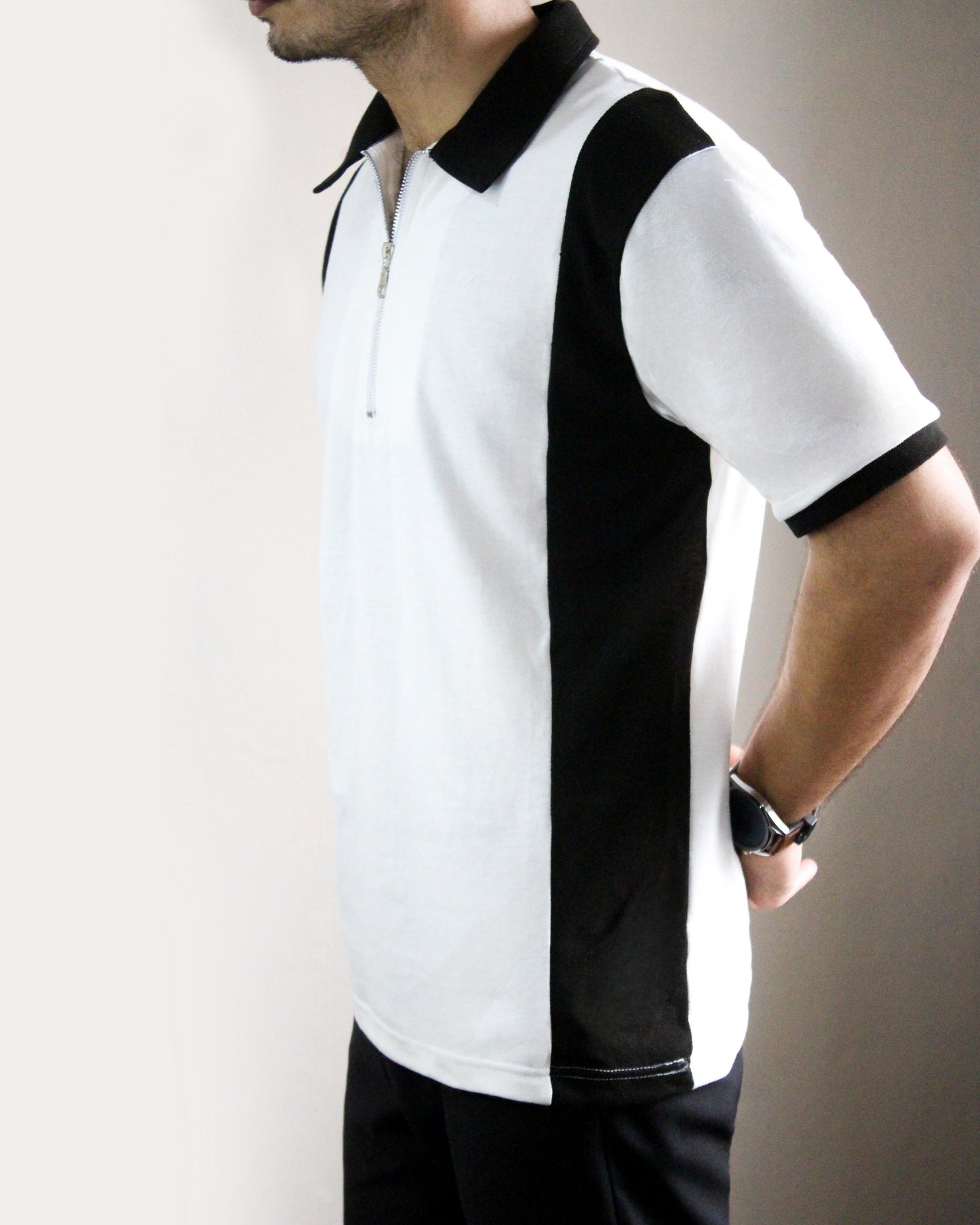 Black Stripe Zipper Polo