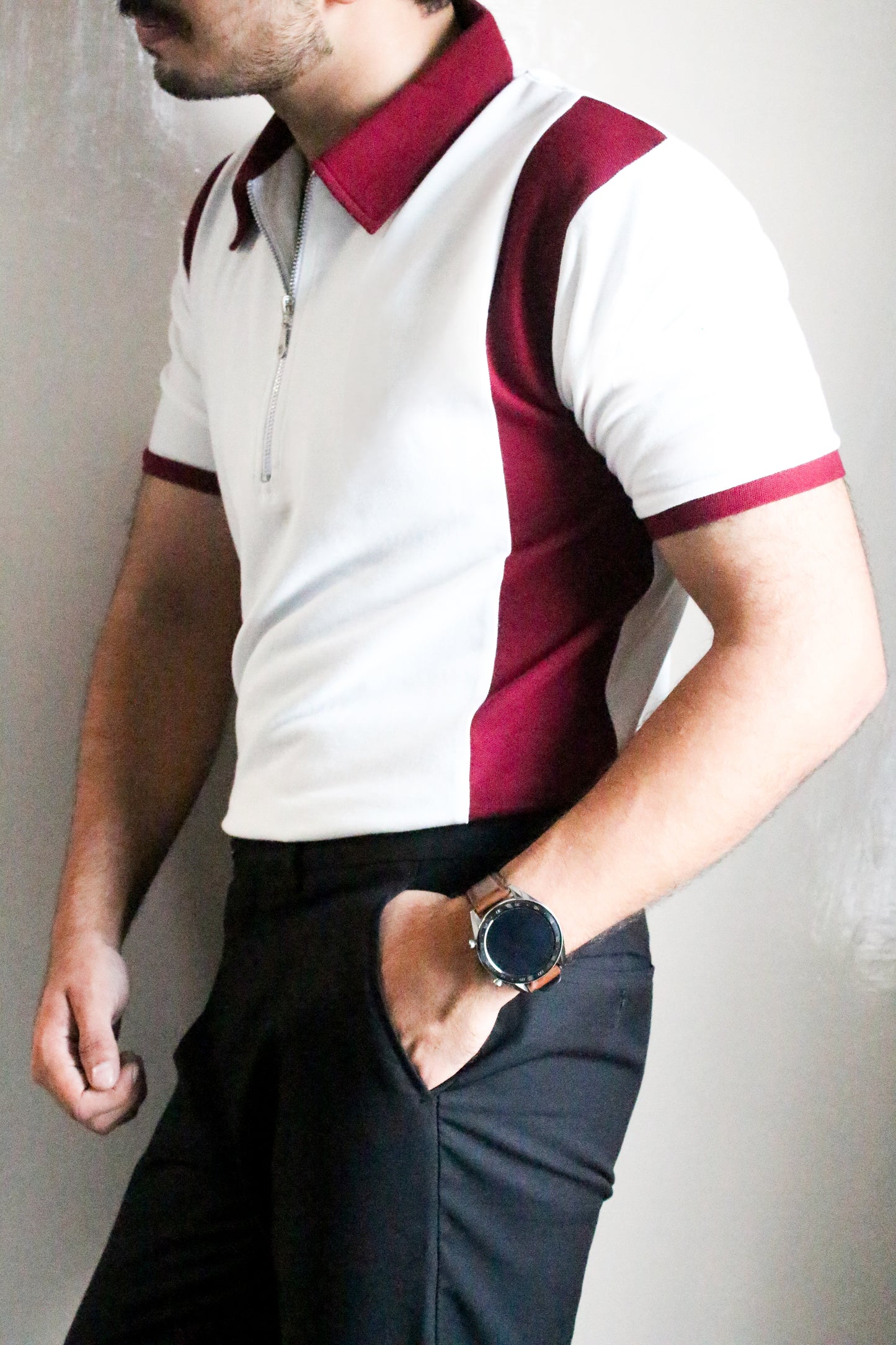 Maroon Striped Zipper Polo