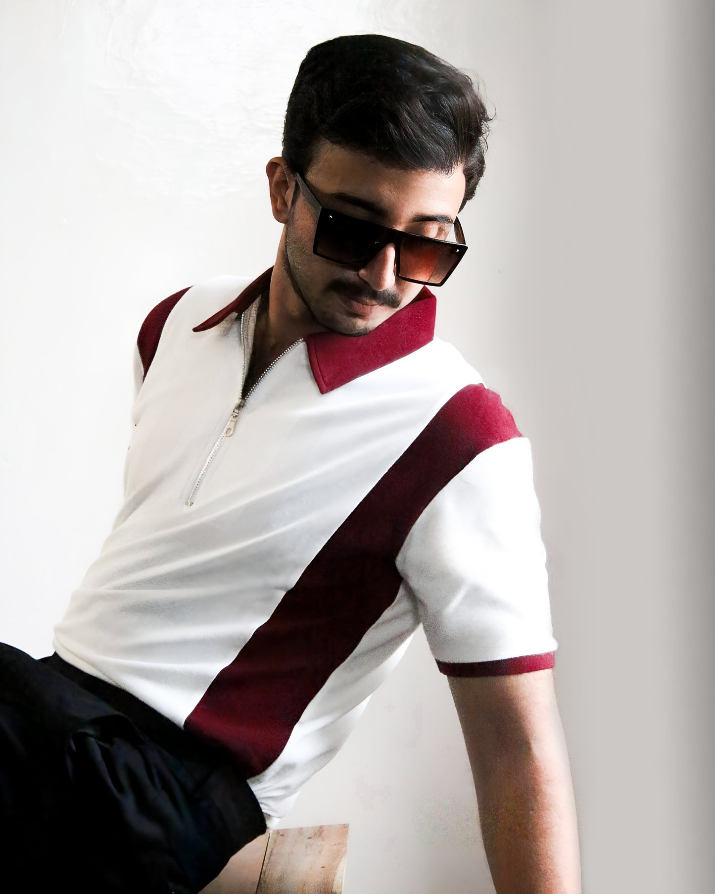 Maroon Striped Zipper Polo