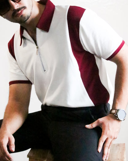 Maroon Striped Zipper Polo