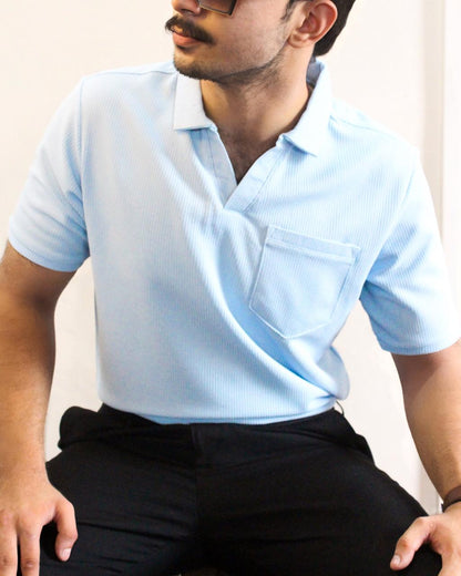 Sky Blue textured V-neck Polo